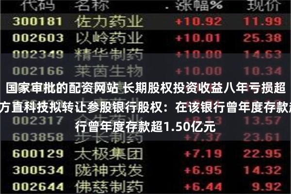 国家审批的配资网站 长期股权投资收益八年亏损超500万元，方直科技拟转让参股银行股权：在该银行曾年度存款超1.50亿元